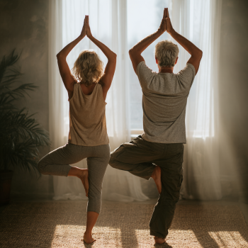 Professional yoga instructor with elderly students